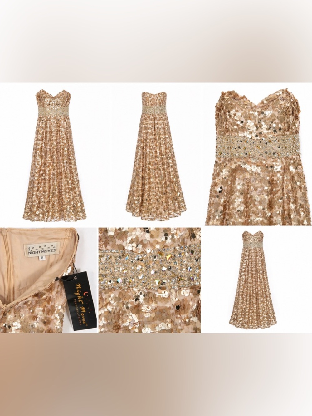 Night Moves Champagne Strapless Sequin Gown